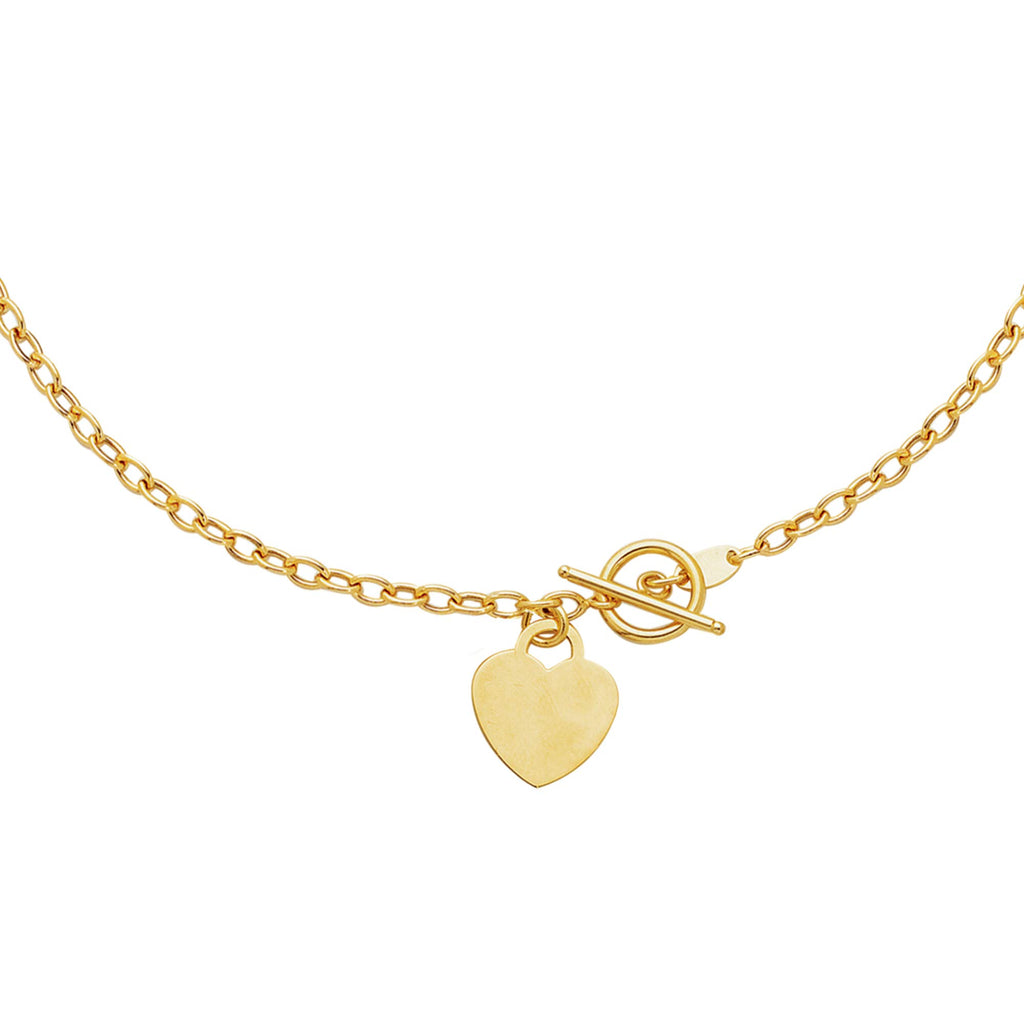 14K Solid Yellow Gold link Toggle 3mm Necklace Heart Tag 17" - JewelStop1
