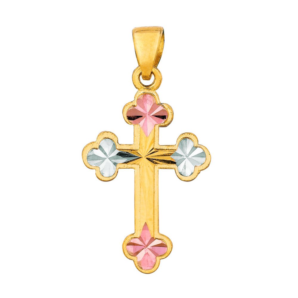 14K Tri-Color Gold Pave Diamond-Cut Cross Pendant - JewelStop1