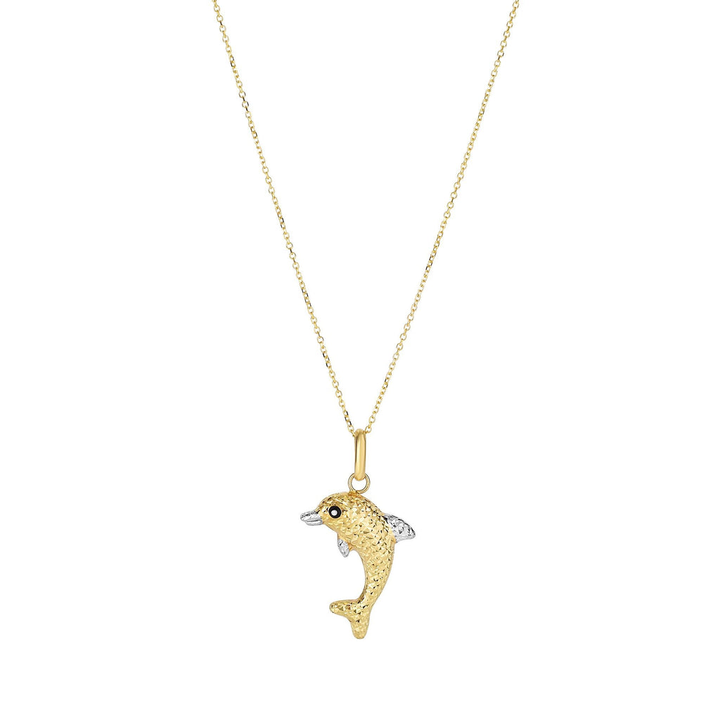 14k Two Tone Shiny Diamond-Cut 17x30mm Dolphin Pendant Necklace - 18 - JewelStop1