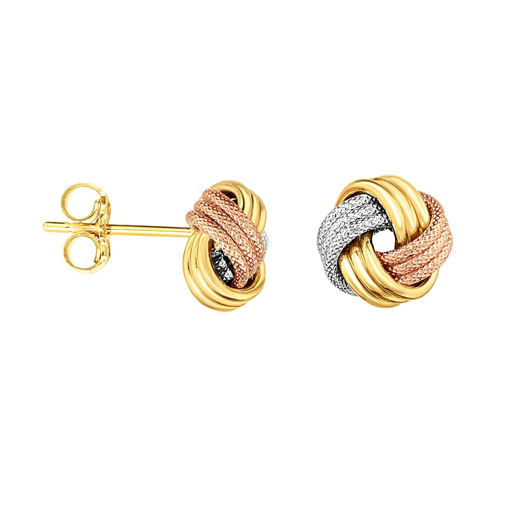 14k Tri-Color 10x16mm Shiny Textured Love Knot Stud Earrings, Push Back Clasp - JewelStop1