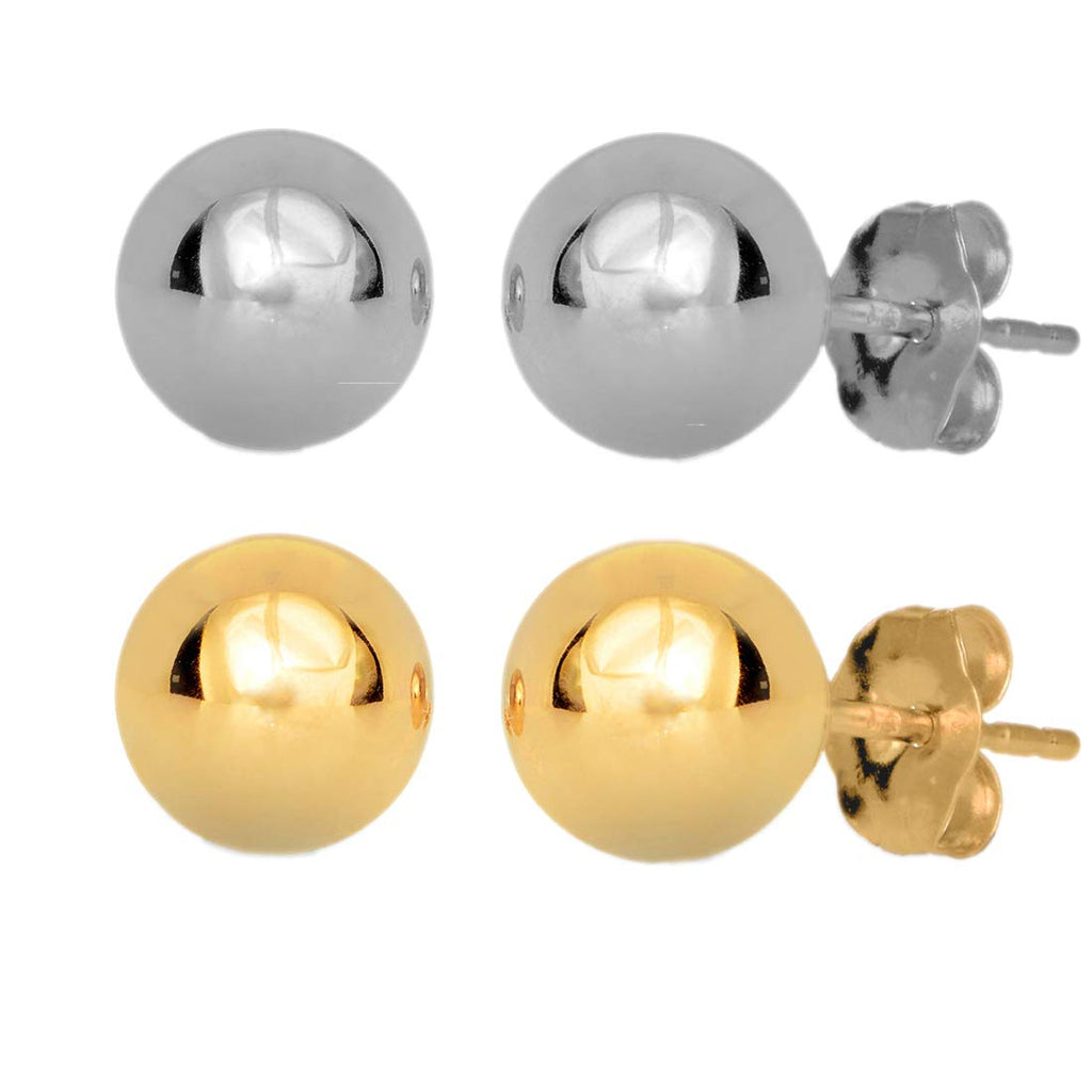 Set 2 Pairs 14k Gold Yellow  White 6mm Ball Stud Earrings - JewelStop1