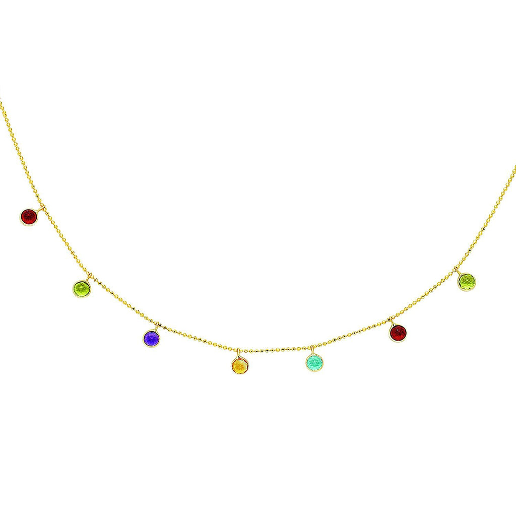 14k Yellow Gold Multi-Color Round Faceted Semi Precious Station Stones Chain 16" - JewelStop1