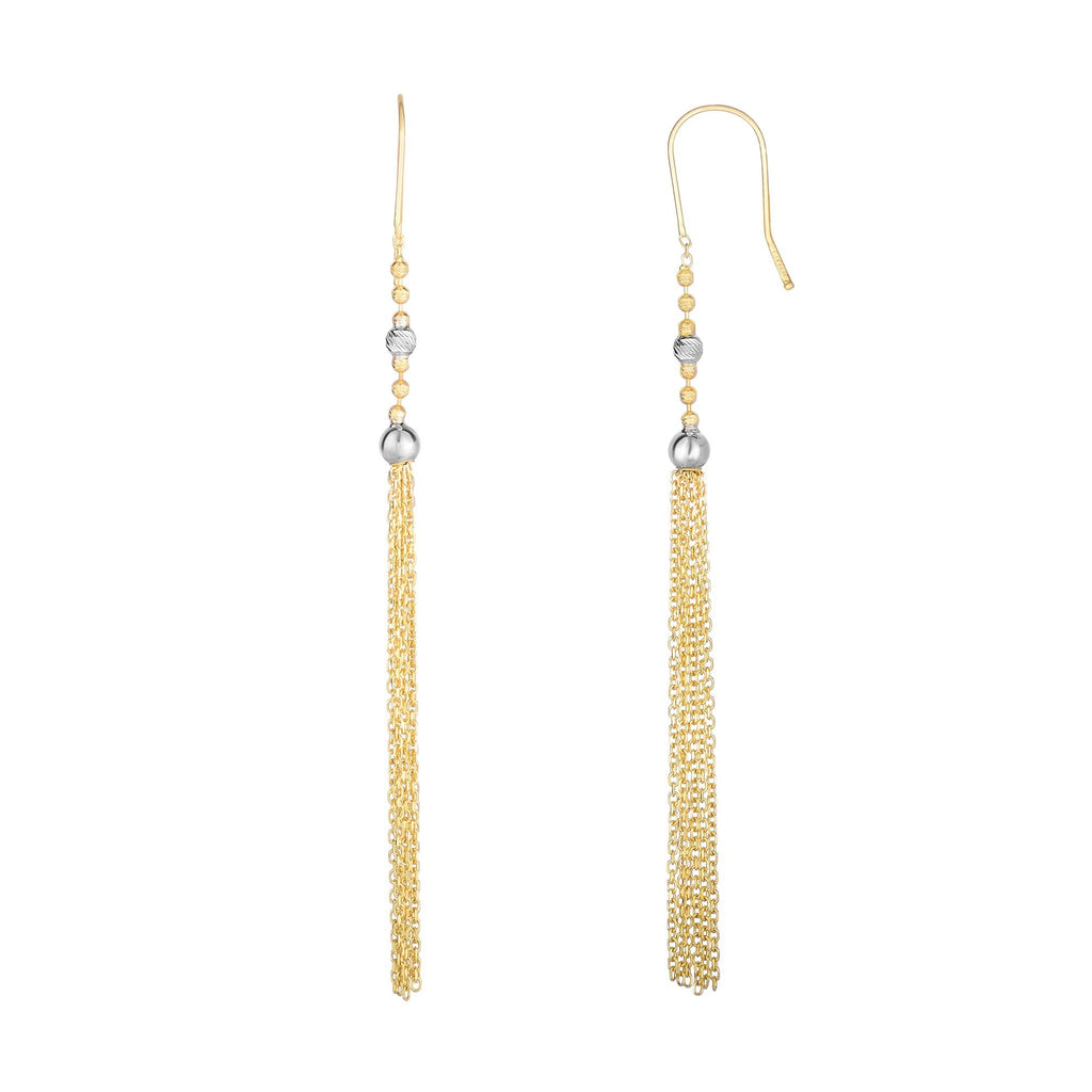 14k Two Tone Gold Diamond-Cut Graduated Cable Tassel Beads Earrings - 4x73mm - JewelStop1