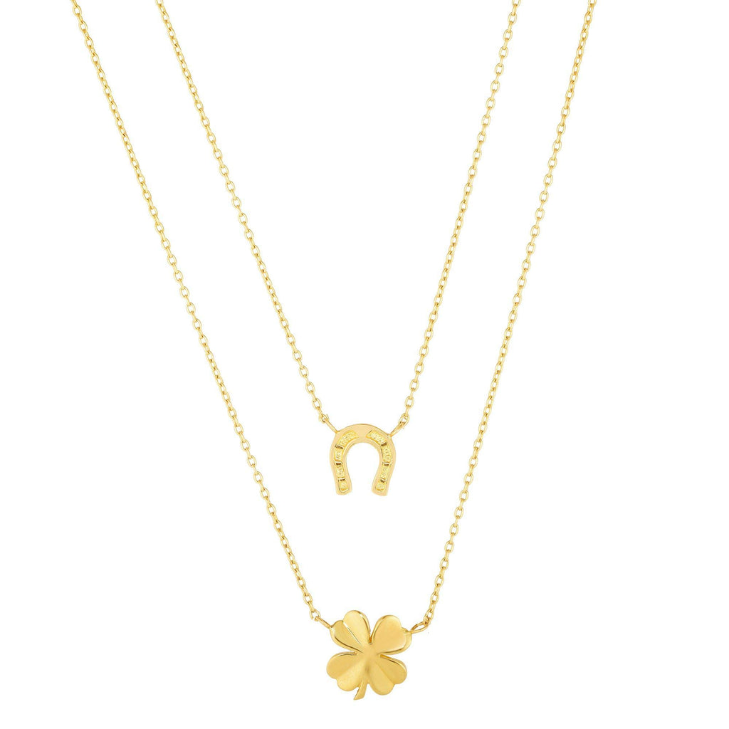 14K Yellow Gold 4-Clover Horse Shoe Double Row Necklace Anchored to Link Chain - JewelStop1