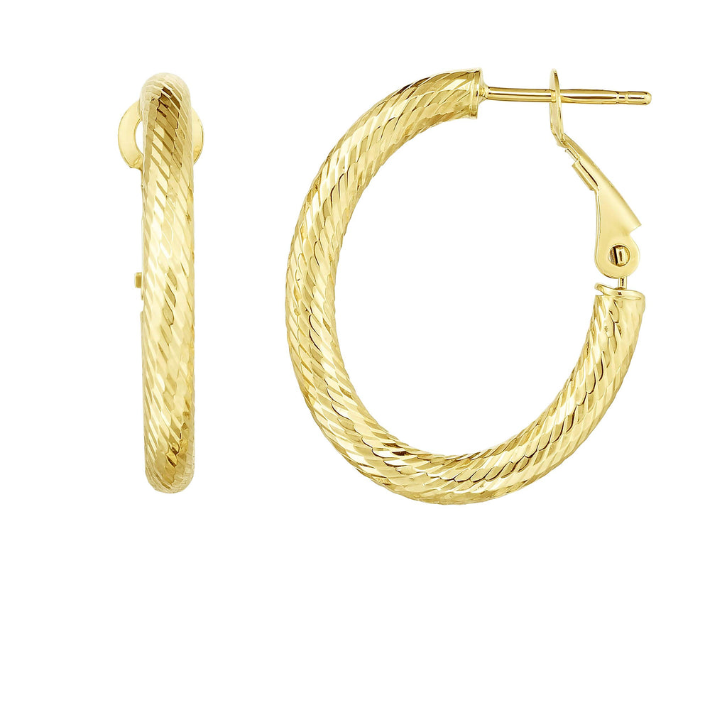 14K Yellow Gold 3x25.5x21mm Diamond-Cut Hoop Earrings with Snap Clasp - JewelStop1