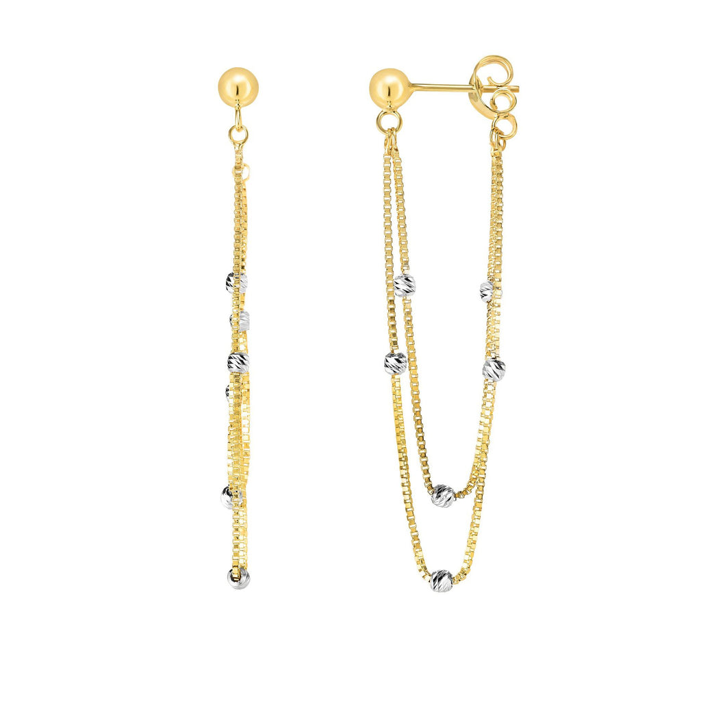 14k Two Tone Gold 42x10mm Shiny And Diamond-Cut Fancy Bead Drop Earrings - JewelStop1