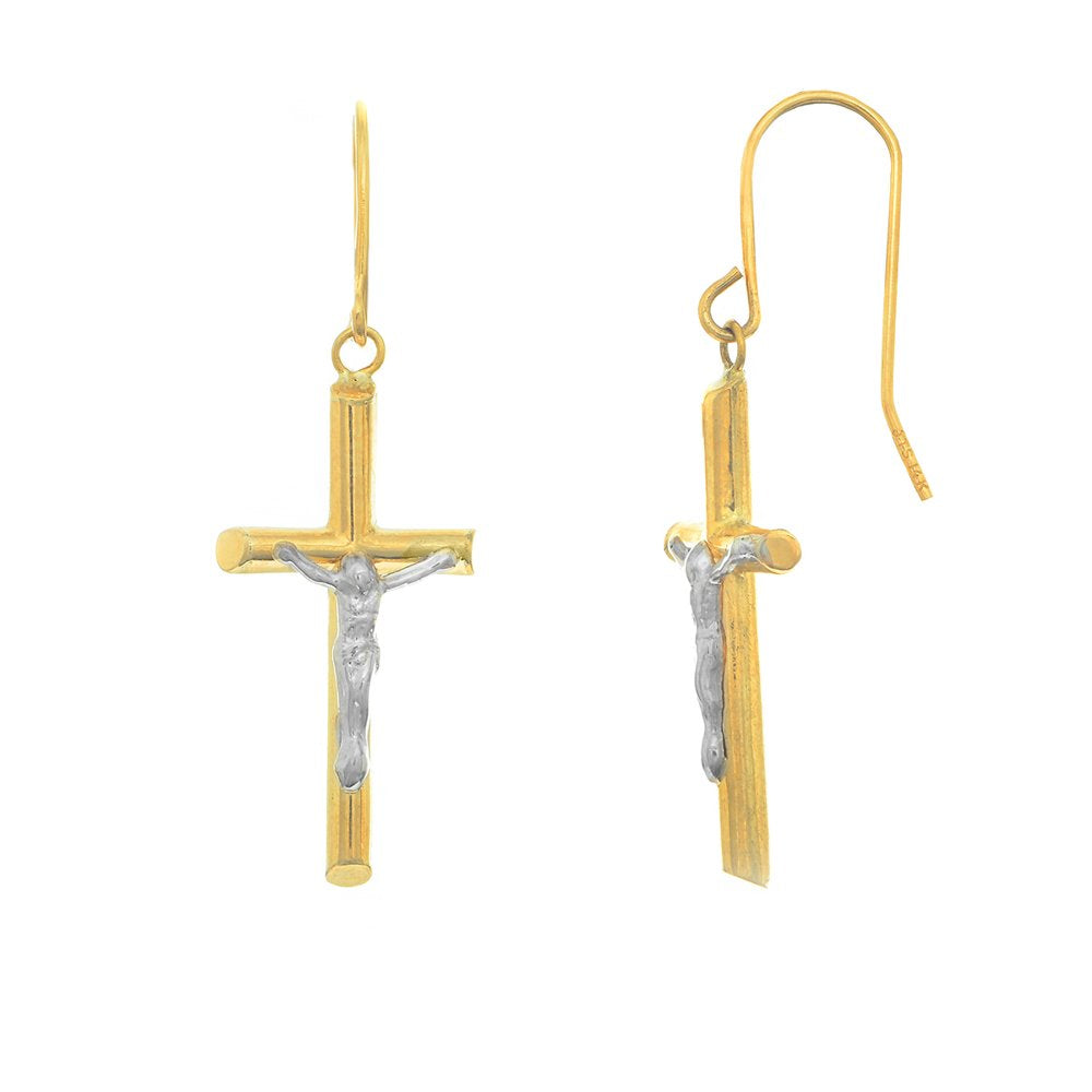 14K Solid Yellow Gold Two Tone Yellow White Crucifix Sheperds Hook Wire Earrings - JewelStop1