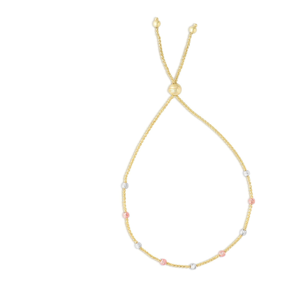 14k Tri-Color Gold Diamond-Cut Ball Station Spiga Wheat Chain Adjustable Bracele - JewelStop1