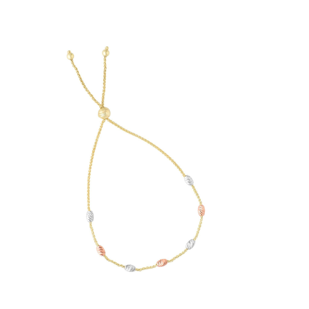 14k Tri-Color Gold Diamond-Cut Station Spiga Wheat Chain Adjustable Bracelet - JewelStop1