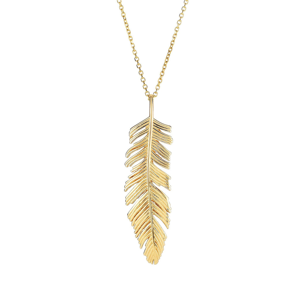 14k Yellow Gold 35x8mm Textured Feather Pendant Necklace - 18 - JewelStop1