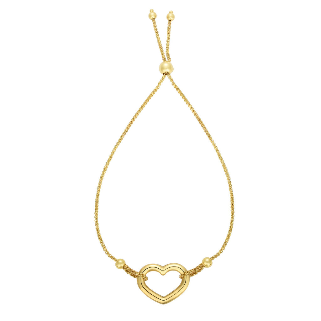 14k Yellow Gold Fancy Heart Element Adjustable Wheat Chain Bracelet, 9.25" - JewelStop1