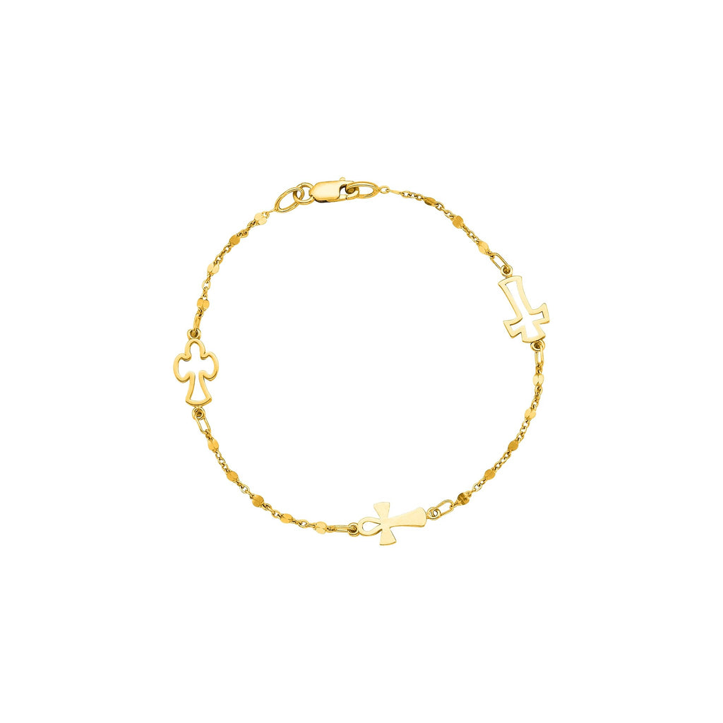 14k Yellow Gold Shiny Cable Chain Bead Cross Symbolic Bracelet - JewelStop1