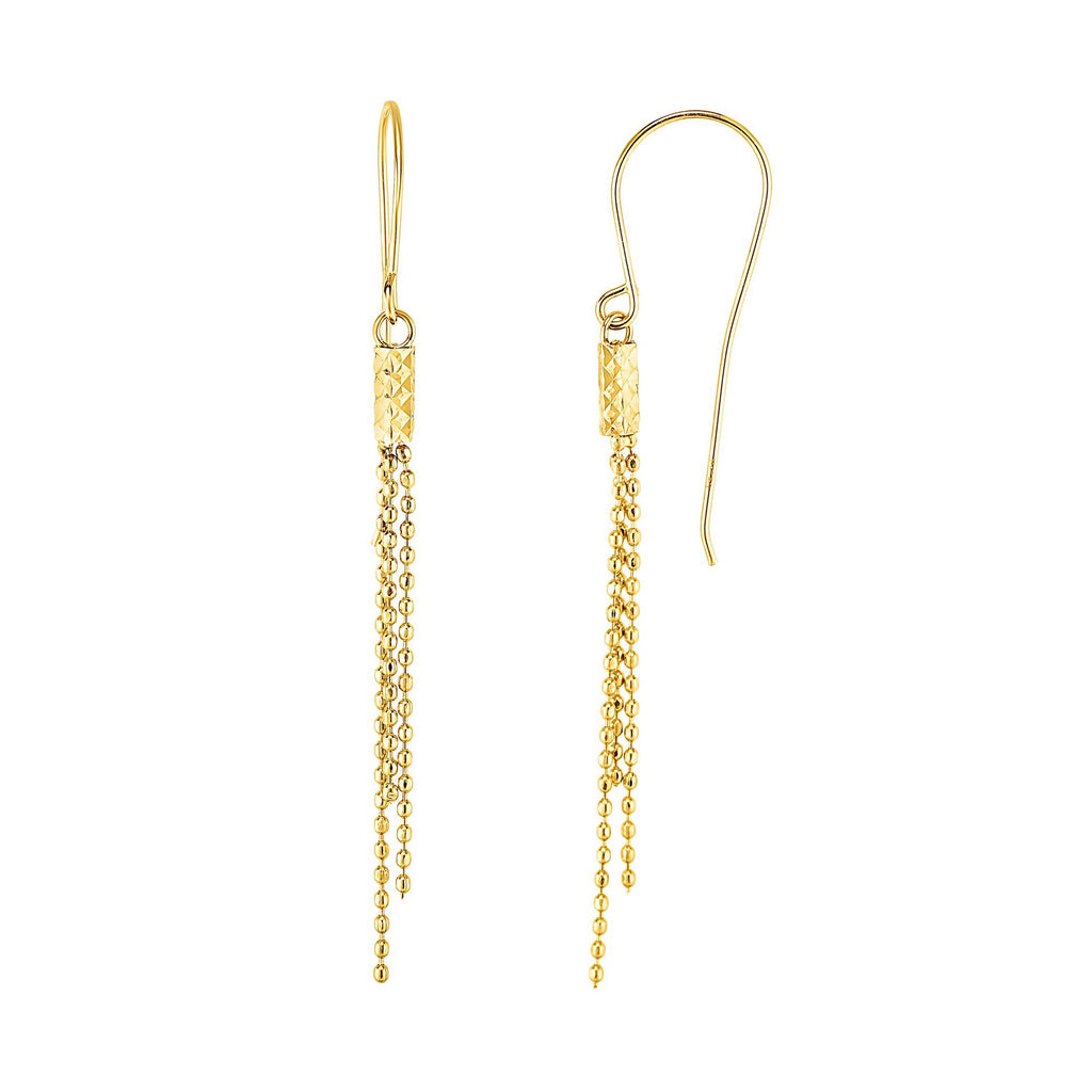 10k Yellow Gold Shiny And Diamond-Cut 2x52mm Multi Stranded Bead Drop Earrings - JewelStop1