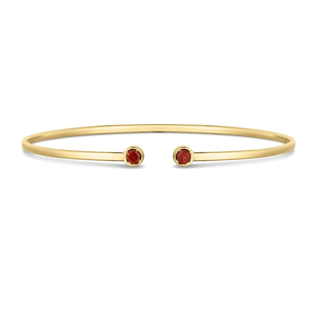JewelStop 14K Yellow Gold 3mm Round Garnet Open Cuff Bangle with Polished Finish - 3.2gr