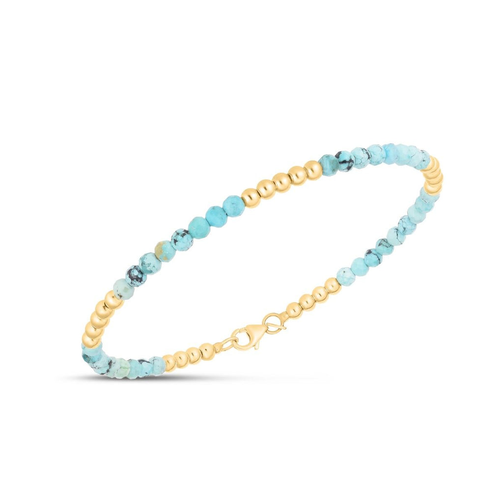 JewelStop 14K Yellow Gold Turquoise Pallina Bead Bracelet 7" with Lobster Clasp with Polished Finish - 3.20gr