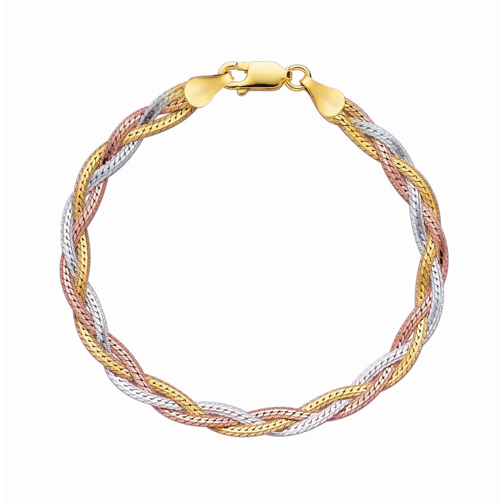 Silver Rose Rhodium Shiny Diamond-Cut Tri-Color Fancy Weave Anklet Bracelet 10" - JewelStop1