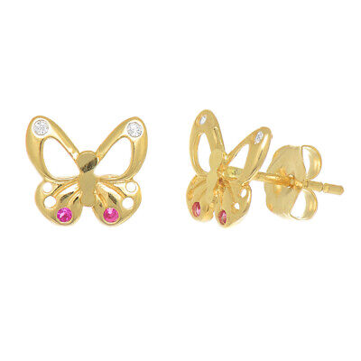 JewelStop Real Yellow Gold Butterfly Post Stud Pink Cubic Zirconia Earrings