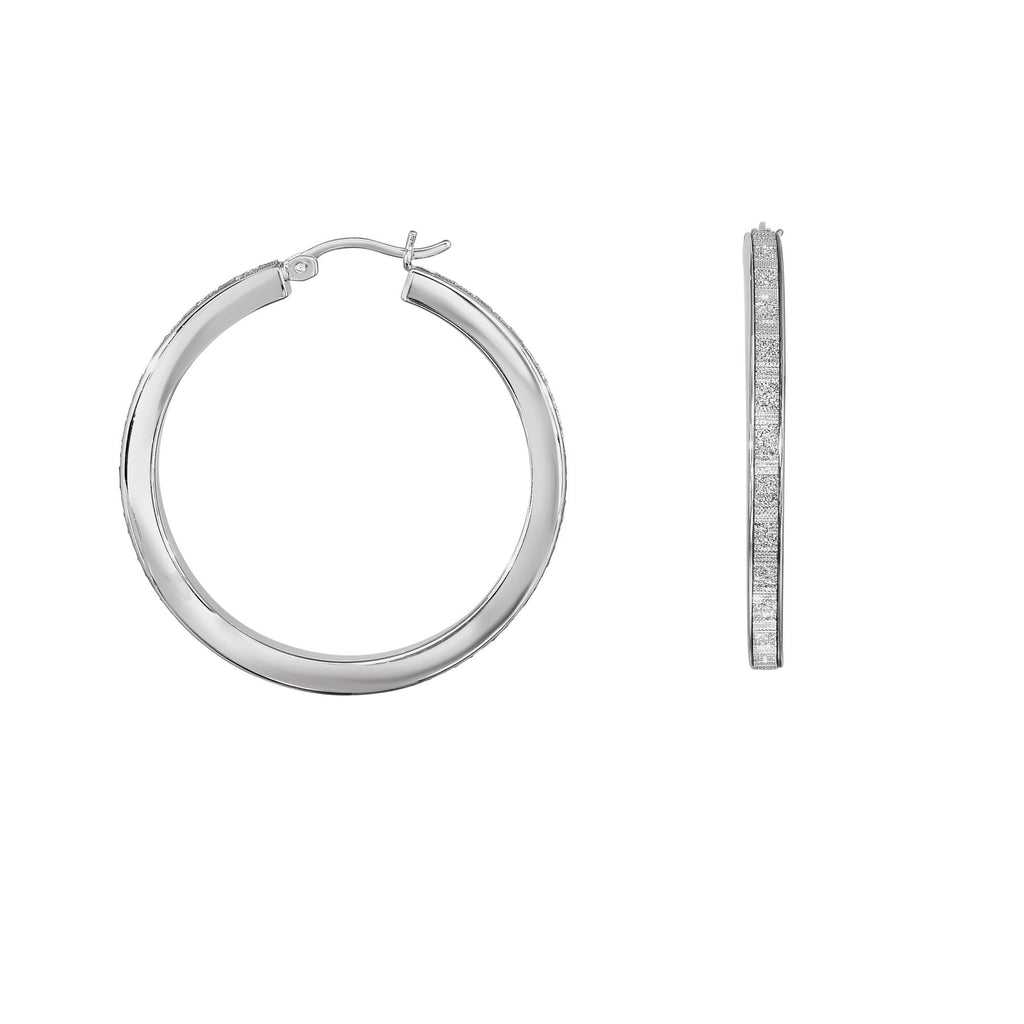 .925 Sterling Silver 3x39mm Shiny And Sparkle Round Hoop Earrings, Hinged Clasp - JewelStop1