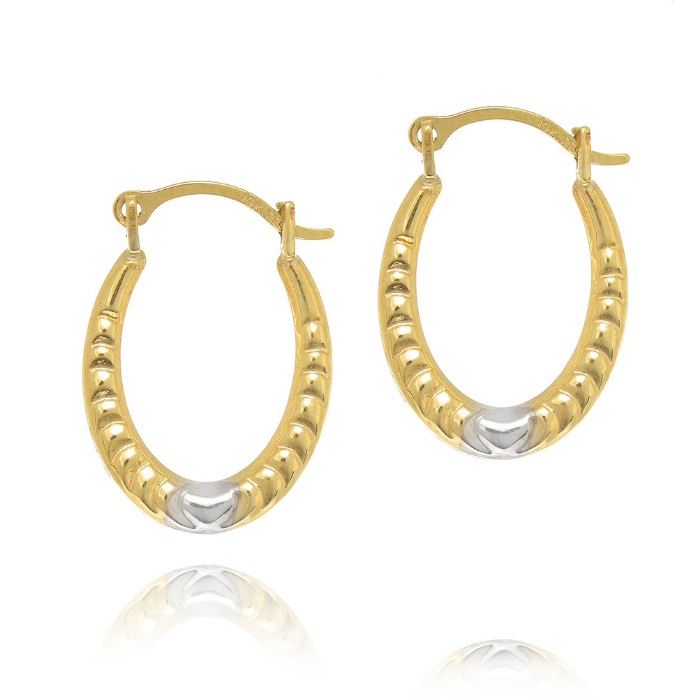 14K Yellow White Gold Oval Tubular Hoop With Heart Earrings - JewelStop1