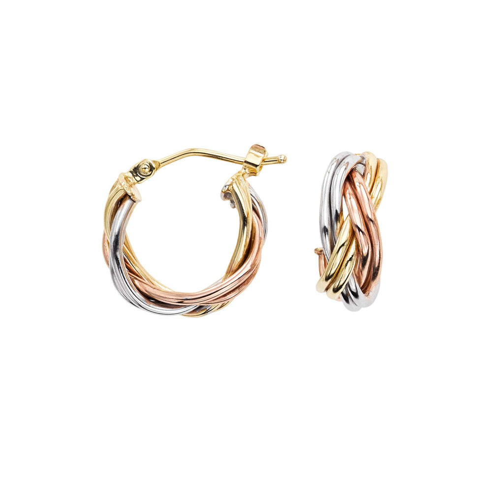 14K Tri-Color Gold Earrings, Hinged Clasp - JewelStop1