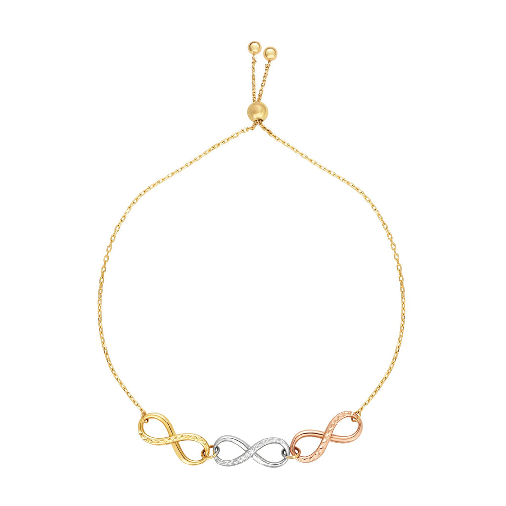 14k Tri Color Gold 3 Center Infinity Elements Adjustable Chain Bracelet - 9.25" - JewelStop1