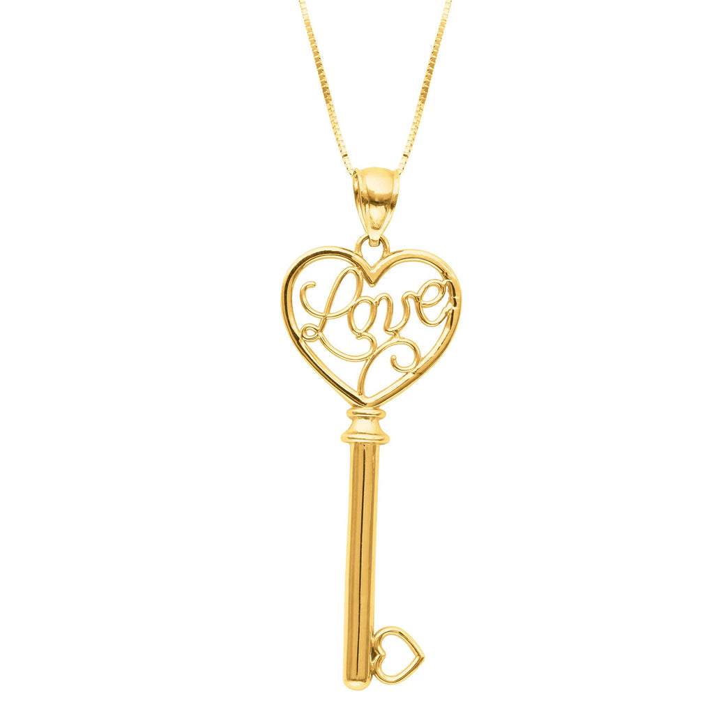 14k Yellow Gold Heart "LOVE" Design Key Pendant 18" Lobster Claw - JewelStop1