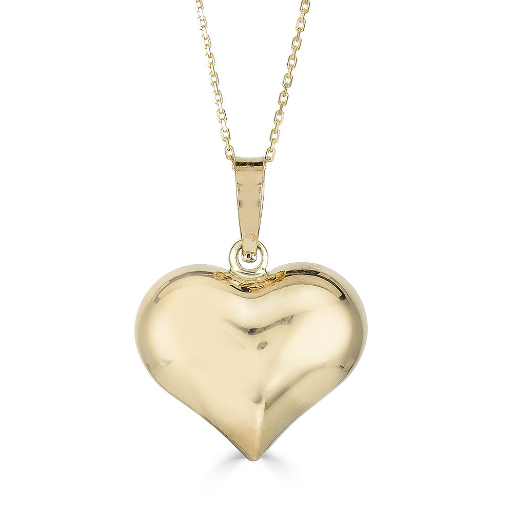 14K Yellow Gold Shiny Puffed Heart Pendant 13mmx16mm Necklace with 18" Chain - JewelStop1