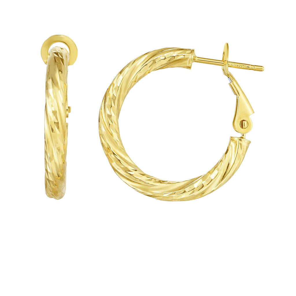 14K Yellow Gold 3x21.5x21.5mm Diamond-Cut Hoop Earrings with Snap Clasp - JewelStop1