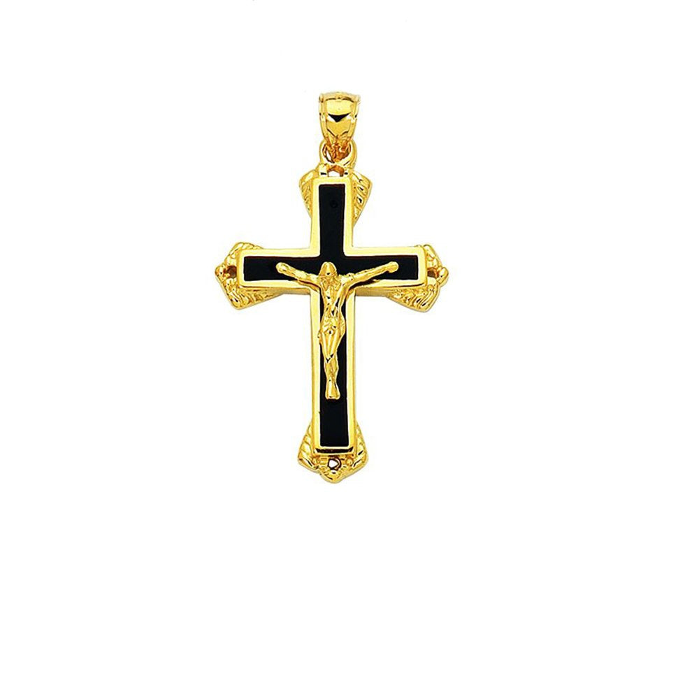 14K Yellow Gold Black Enamel Crucifix Cross Men's Charm Pendant - JewelStop1
