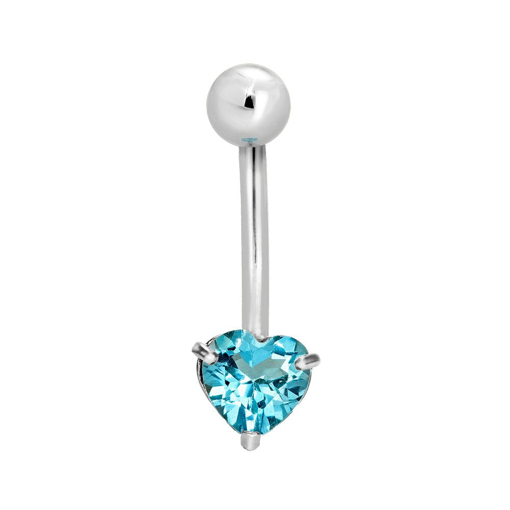 14k Solid Gold White Blue Topaz Heart Navel Belly Ring Body Jewelry - JewelStop1