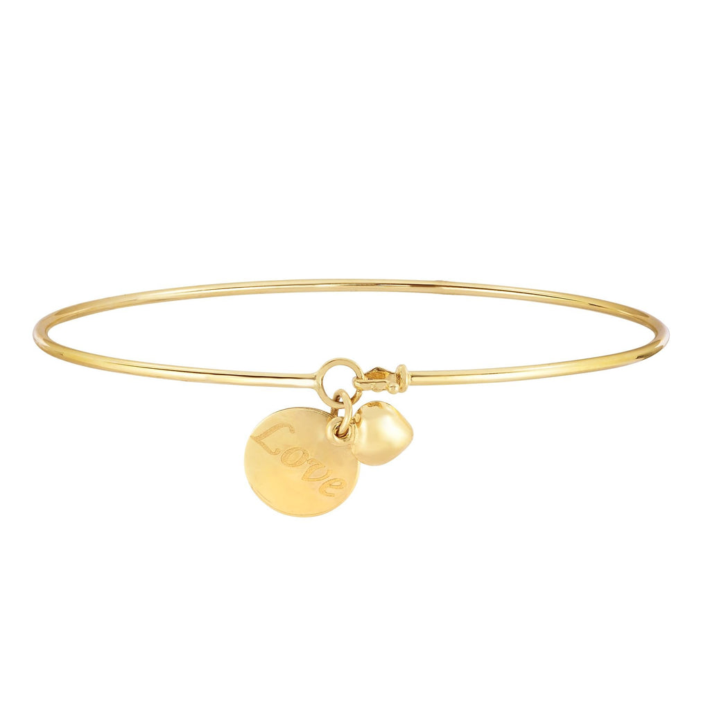 14k Yellow Gold Shiny Thin Bangle With Puff Heart "love" Engraved Plate Charm - JewelStop1
