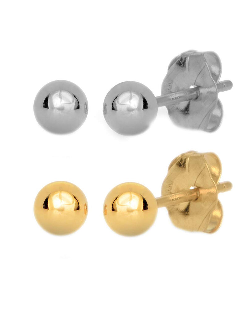 Set 2 Pairs 14k Gold Yellow  White 4mm Ball Stud Earrings - JewelStop1