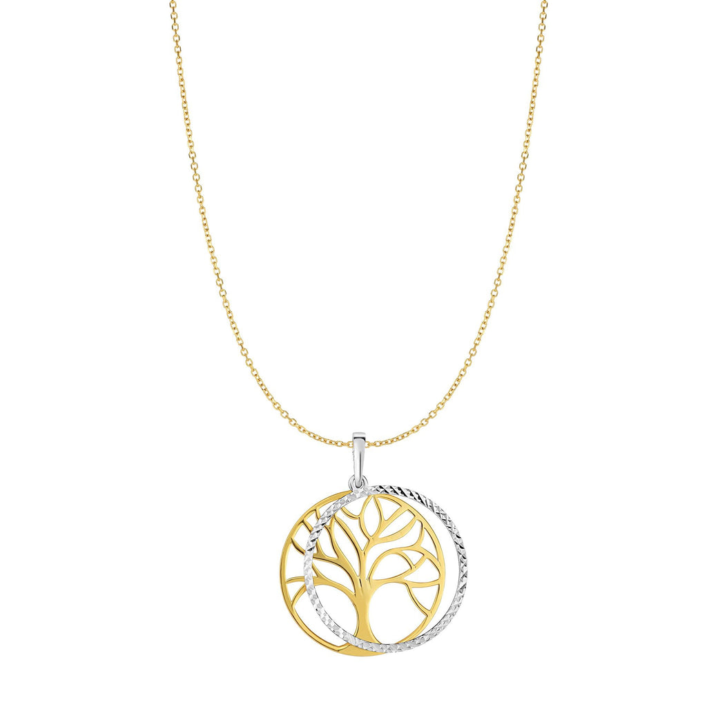 14k Two Tone Gold Shiny And Diamond-Cut Double Disc Tree Pendant Necklace - 18" - JewelStop1