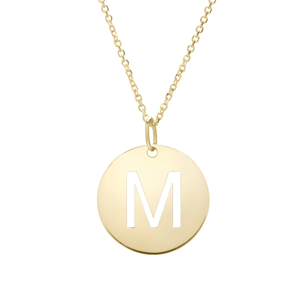 14k Yellow Gold 15mm Initial-M Pendant, 18" 0.8mm Extendable Classic Cable Chain - JewelStop1