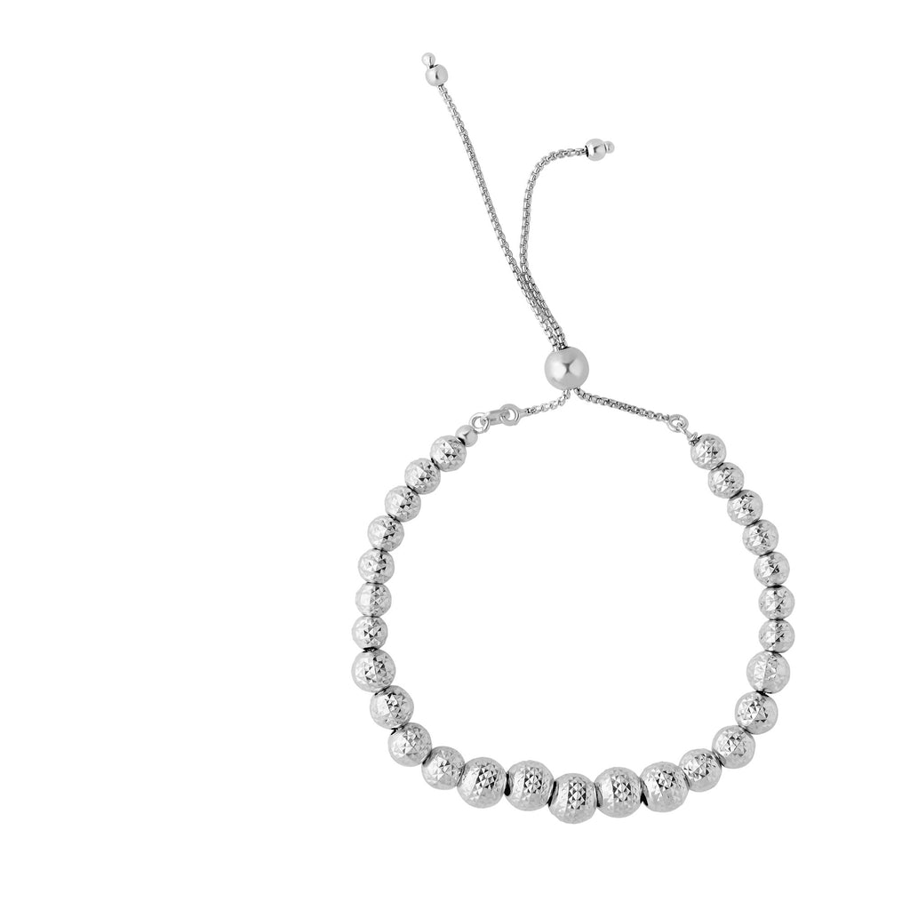 Silver Rhodium Finish 3-7mm Diamond-Cut Beads On Adustable Octagon Box Bracelet - JewelStop1