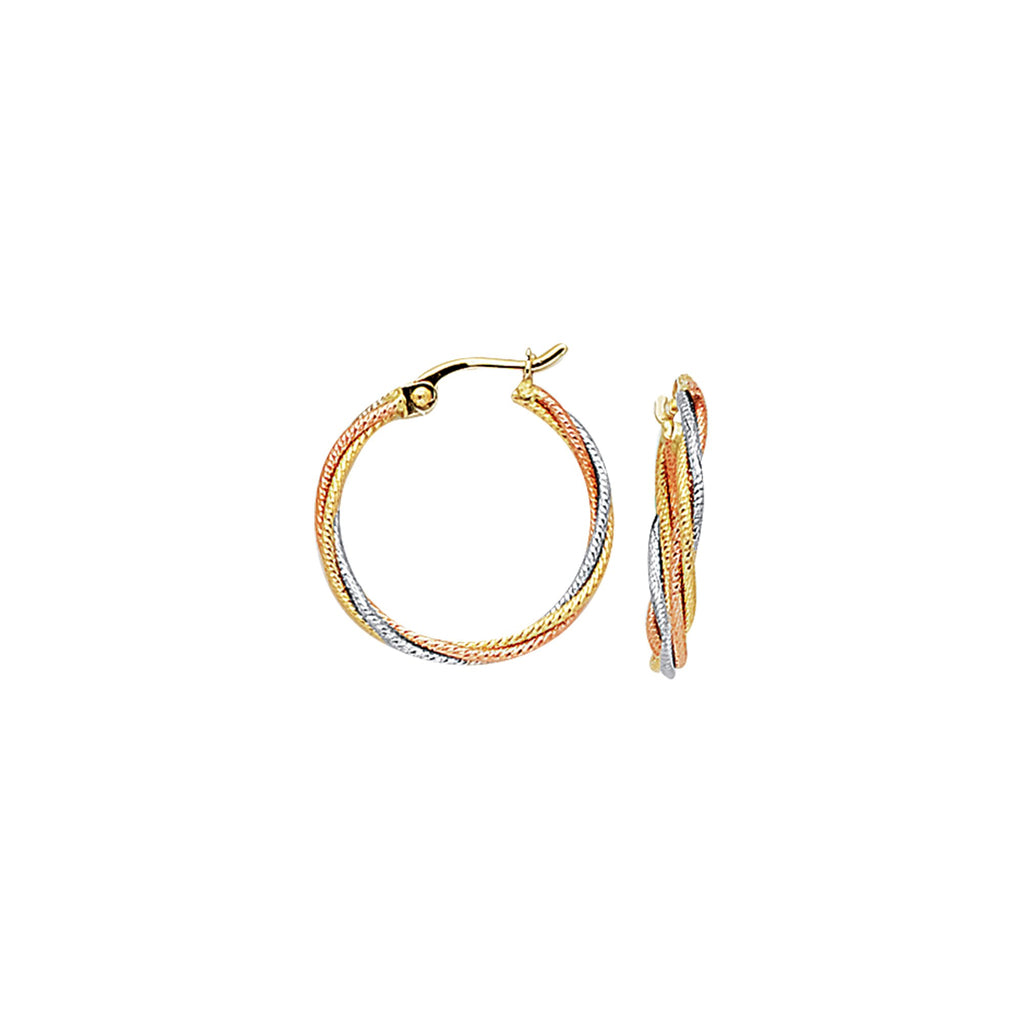 14k 3 Tone Gold 20mm X 2mm Twisted Round Hoop Earrings - JewelStop1
