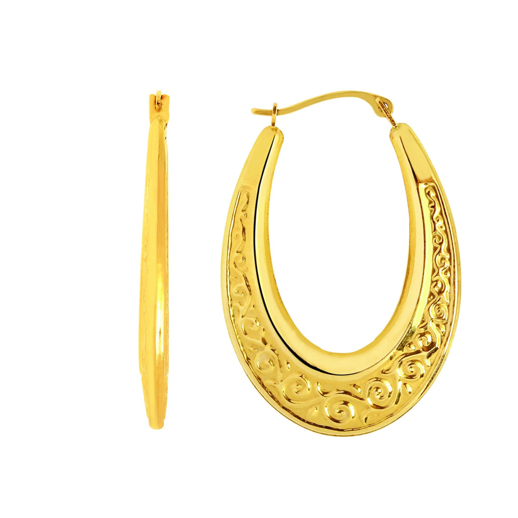 14k Yellow Gold 22mm X 35mm Engraved Oval Hoop Earrings - JewelStop1