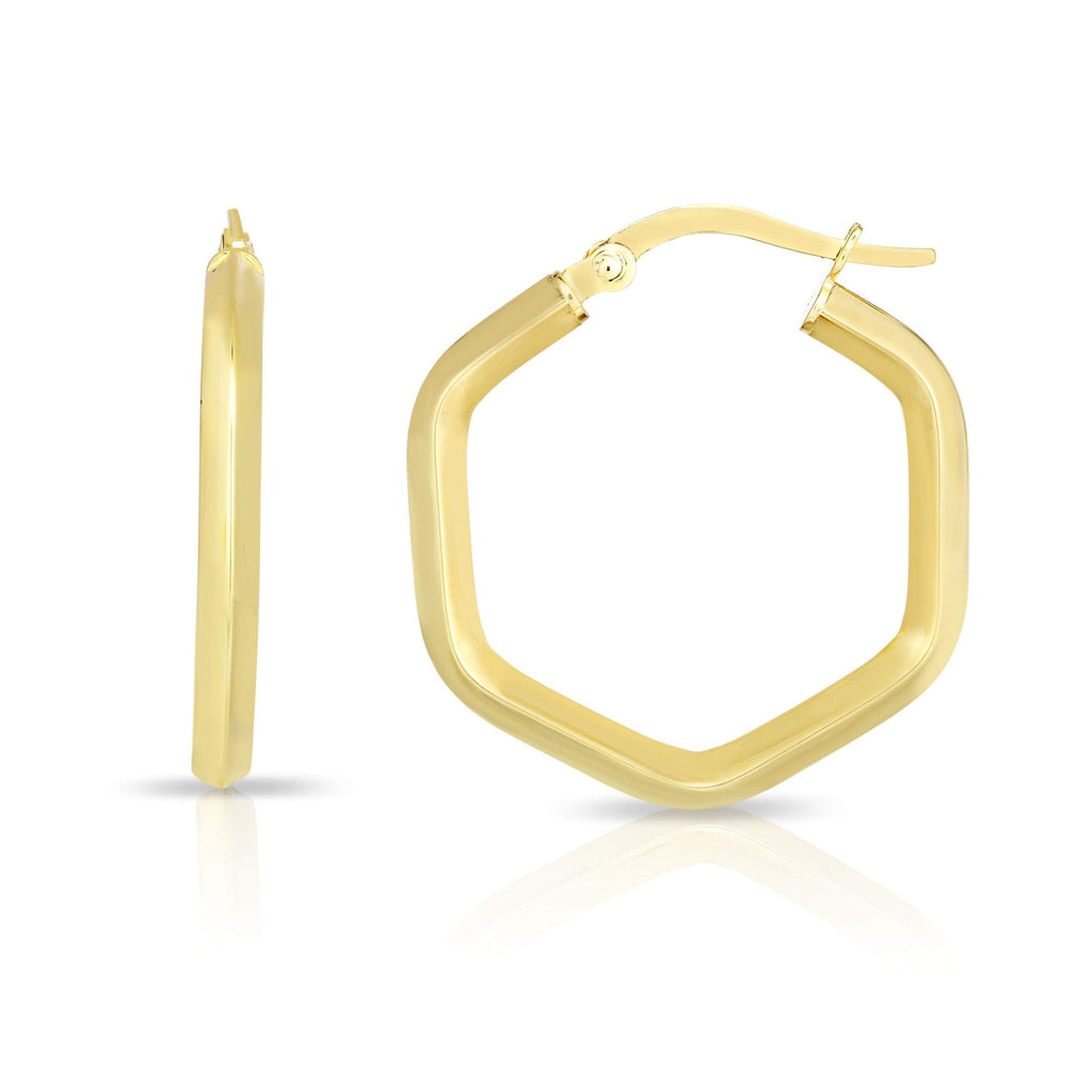 14K Yellow Gold Finish Shiny Hexagon Hoop Fancy Earrings, Hinged Clasp - JewelStop1