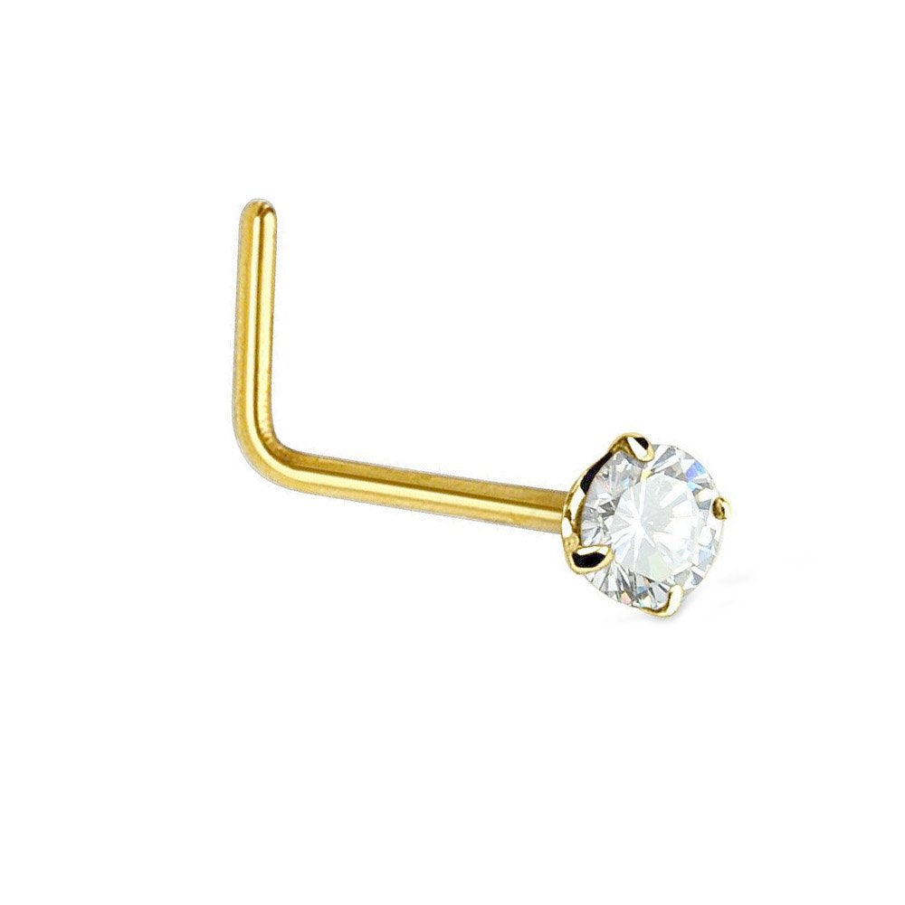 14K Solid Yellow Gold L Bend Prong Set CZ Nose Stud Ring - 0.5mm 24 Gauge 8mm Long - JewelStop1