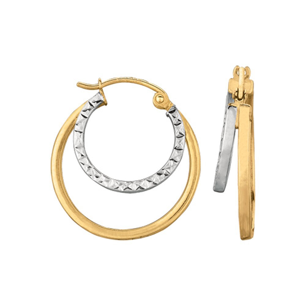 14k 2 Tone Gold 5mm X 22mm Double Round Hoop Earrings - JewelStop1