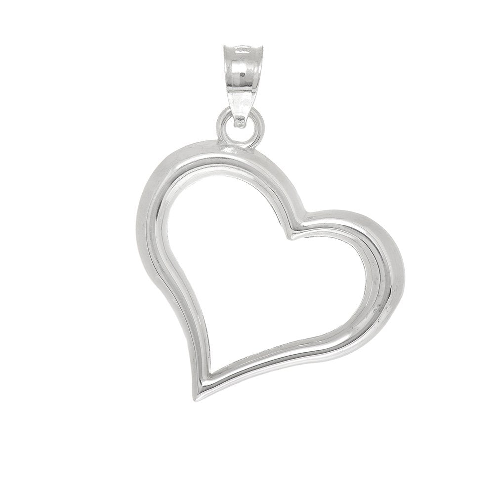 14K Real White Gold Shiny Open Heart Charm Pendant - JewelStop1