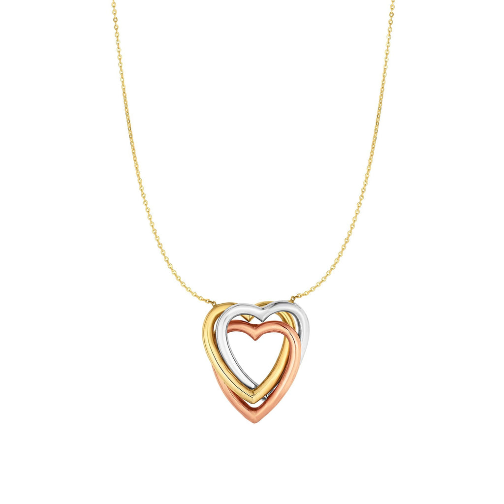 10k Tri Color Gold Interconnected Heart Chain Necklace, Spring Ring Clasp - 17" - JewelStop1