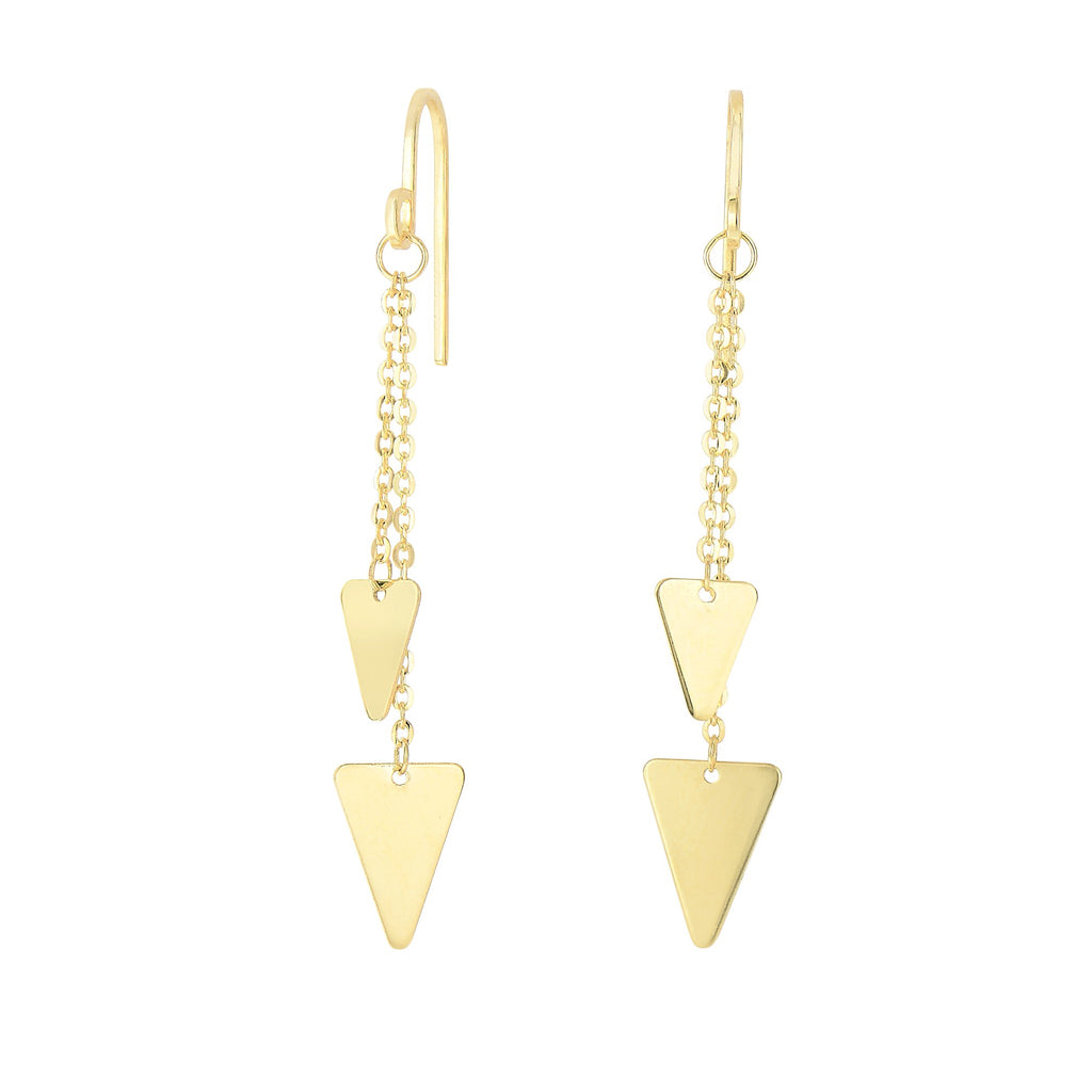 14k Yellow Gold Shiny 2 Hanging Solid Triangle On Diamond-Cut Oval Link Earrings - JewelStop1