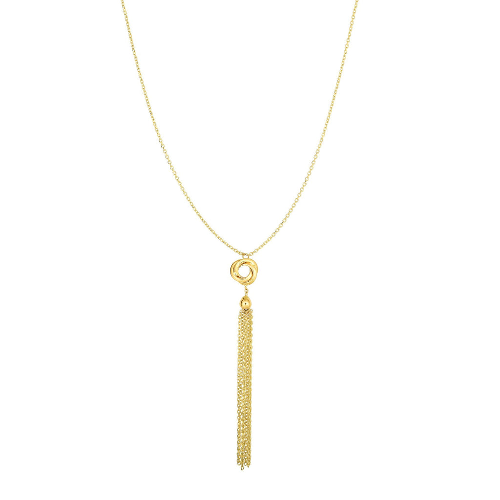 14k Shiny Yellow Gold Love Knot Element And Fancy Tassel Drop Chain Necklace - JewelStop1