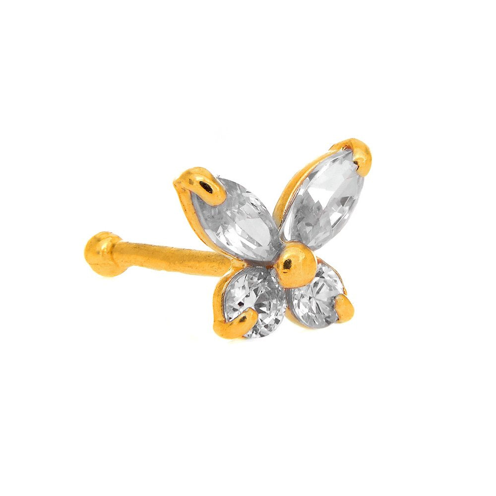 14K Solid Yellow Gold CZ Butterfly Nose Ring - 0.5mm 24 Gauge 8mm Long - JewelStop1