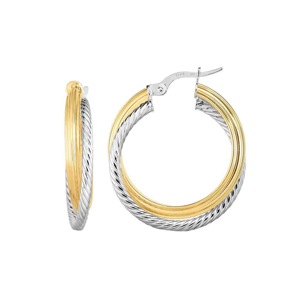 14k Two Tone Gold 5x22mm Shiny And Textured Triple Row Round Hoop Earrings - JewelStop1