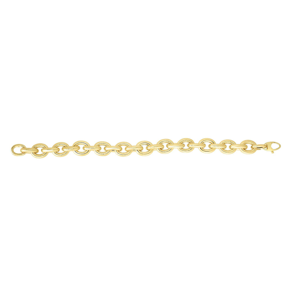 14K Yellow Gold Alternate Shiny Textured Oval Link Bracelet, Lobster Clasp - JewelStop1