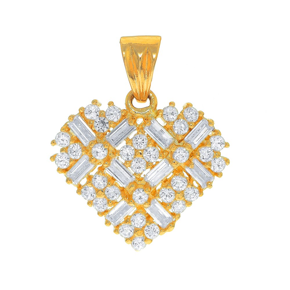 14K Solid Yellow Gold Love Heart CZ and Baguette Cubic Zirconia Charm Pendant - JewelStop1