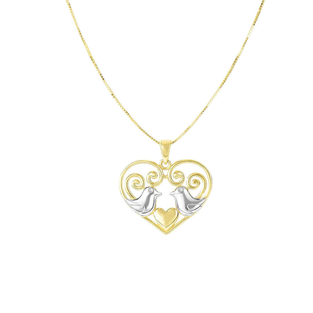 14k Two Tone Gold Shiny Heart White Doves Pendant Necklace - 18 - JewelStop1