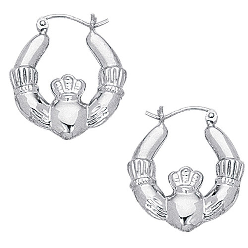 14k White Gold 20mm X 3mm Round Claddagh Earrings - JewelStop1